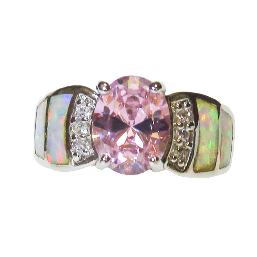 Silver Ring Size 6.5 White Lab Opal Inlay 8mm * 6mm Pink Topaz & White Topaz NOS